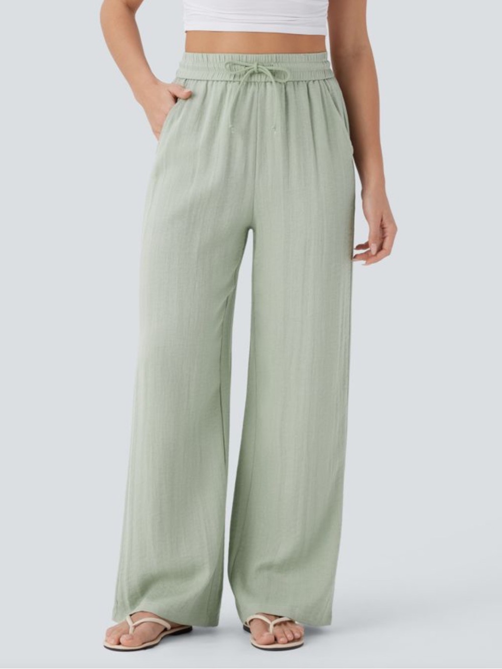 Halara High Waisted Drawstring Pocket Wide Leg Baggy Casual Linen-Feel Pants.